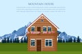 Mountain house swiss style card Vector. Landscape view Cartoon background illustrations Royalty Free Stock Photo