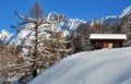 Mountain hut in fresh snow