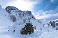 Mountain hut made of stones at winter in Slovenian Alps