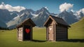 mountain hut in the mountains A wooden outhouse with a heart on the door and a window on the mountains.