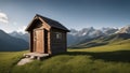 mountain hut in the mountains A wooden outhouse with a window on the mountains. The outhouse is on a green