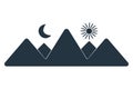 Mountain icon isolated on white background. Hills with moon and sun minimalistic flat design sign or label.