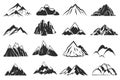 Mountain icons. Mountains top silhouette shapes, snow rocky range. Outdoor landscape hill peaks symbols vector set