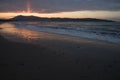 Mountain Jaizkibel backlit on atlantic coastline in beautiful pink sunset, hendaye, france Royalty Free Stock Photo