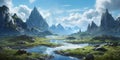 Mountain karst with water, valley, clean sky background. AI Generated