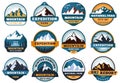 Mountain labels. Hiking emblems, mountains emblem badges and outdoors hill travel label vector set