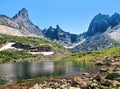 Mountain lake against backdrop of ridge.