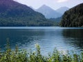 Mountain lake Alpsee with turquoise colored clean deep water. Smoky purple mountains on horizon Royalty Free Stock Photo