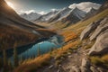 Mountain lake in the autumn. Artistic painting. generative ai