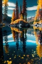 Mountain lake in the autumn forest. Mirror reflection in the water. Royalty Free Stock Photo