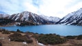 A mountain lake with blue water in winter