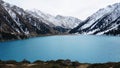 A mountain lake with blue water in winter