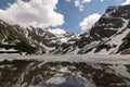 Panoramic view of lake of Czarny Staw Gasienicowy covered with snow. Surrounding peaks of Tatra Mountains in Zakopane Royalty Free Stock Photo