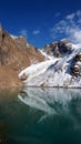 A mountain lake with emerald water is like mirror