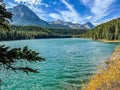Mountain lake with evergreen forest and clear blue sky Royalty Free Stock Photo