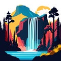 mountain lake with forest and mountains, forest and waterfall, illustration