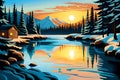 Mountain lake in the forest at sunset. Vector illustration wallpaper, abstract nature wallpaper, generative ai Royalty Free Stock Photo