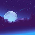 Mountain lake glowing under the light of the moon, fairytale illustration. Night landscape with comets, stars and planets Royalty Free Stock Photo