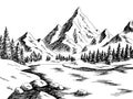 Mountain lake graphic black white landscape sketch illustration vector Royalty Free Stock Photo