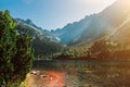 Mountain lake and green forest picturesque scenery. High rocks. Beautiful landscape