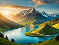 Mountain lake in the highlands of at sunset. Beautiful summer landscape.AI Generated Royalty Free Stock Photo