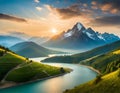 Mountain lake in the highlands of at sunset. Beautiful summer landscape.AI Generated Royalty Free Stock Photo