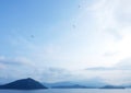 Mountain, lake, kite, blue sky and cloud