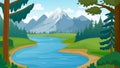 Mountain and lake landscape. Cartoon rocky mountains, forest and river scene. Wild nature summer panorama. Hiking adventure vector Royalty Free Stock Photo