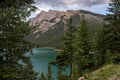 Mountain lake - coniferous forest - pine trees, scenic blue lake, cloudy sky and Rocky Mountains on horizon background. Royalty Free Stock Photo