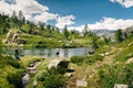 Mountain lake landscape with people near the lake. Sense of freedom. Gran Paradiso National Park, Ceresole Reale, Piedmont,