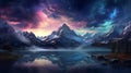 mountain and lake landscape during the twilight hours, the sky painted in surreal colors, the mountains lake, AI-generated