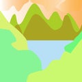 Mountain lake landscape vector illustration. beautiful orange sky and mountains on horizon background Royalty Free Stock Photo