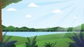 Mountain lake landscape vector illustration. Cartoon flat panorama of spring summer beautiful nature Royalty Free Stock Photo
