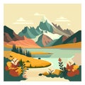 Mountain lake landscape vector illustration. Cartoon flat panorama of spring, summer Royalty Free Stock Photo