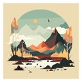 Mountain lake landscape vector illustration. Cartoon flat panorama of spring, summer Royalty Free Stock Photo