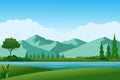 Mountain lake landscape vector illustration with green meadows and trees in the morning Royalty Free Stock Photo