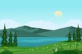 Mountain lake landscape vector illustration with green meadows and trees in the morning Royalty Free Stock Photo