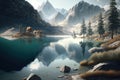 Mountain lake nature landscape background, forest travel reflection scenery panorama view, Generative AI Royalty Free Stock Photo