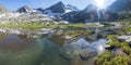 Mountain lake, panorama landscape, sun reflection, Altai Royalty Free Stock Photo