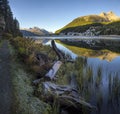 Mountain lake panorama with mountains reflection.