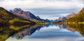 Mountain lake panorama with mountains reflection.