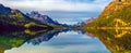 Mountain lake panorama with mountains reflection. Idyllic look. Autumn forest. Silvaplana Lake, Royalty Free Stock Photo