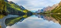 Mountain lake panorama with mountains reflection. Idyllic look. Autumn forest. Silvaplana Lake, Royalty Free Stock Photo