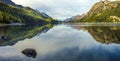 Mountain lake panorama with mountains reflection. Idyllic look. Autumn forest. Silvaplana Lake, Royalty Free Stock Photo