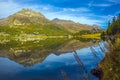 Mountain lake panorama with mountains reflection. Idyllic look. Autumn forest. Silvaplana Lake, Royalty Free Stock Photo