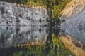 Mountain Lake in Pine Forest Reflected in Water Royalty Free Stock Photo