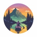 Vibrant Canoeing Logo With Hiker In Woods And Mountains