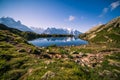 Mountain Lake Reflecting Iconic Mont-Blanc Snowy Peaks on a Sunny Day Royalty Free Stock Photo