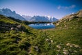 Mountain Lake Reflecting Iconic Mont-Blanc Snowy Peaks on a Sunny Day Royalty Free Stock Photo