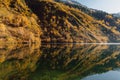 Mountain lake with reflection, fall trees and mountains Royalty Free Stock Photo